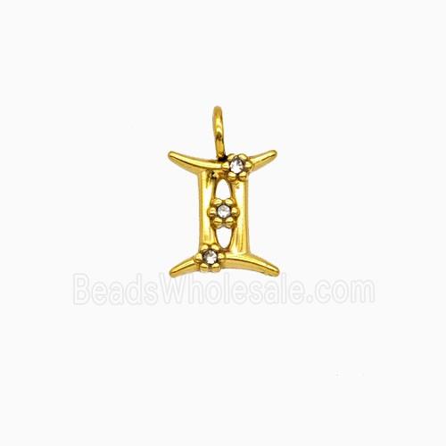 Stainless Steel Pendant Pave Rhinestone Zodiac Gemini Gold Plated