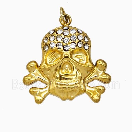 Stainless Steel Skull Pendant Pave Rhinestone Gold Plated