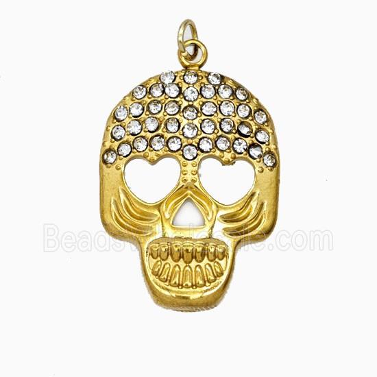 Stainless Steel Skull Pendant Pave Rhinestone Gold Plated