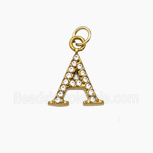 Stainless Steel Letter-A Pendant Pave Rhinestone Gold Plated