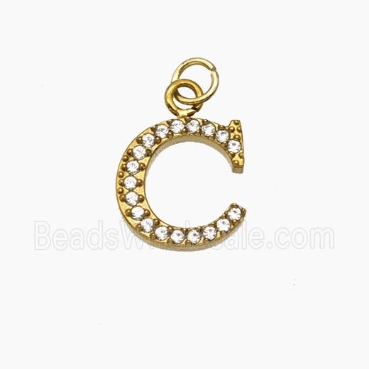 Stainless Steel Letter-C Pendant Pave Rhinestone Gold Plated