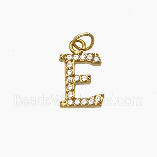 Stainless Steel Letter-E Pendant Pave Rhinestone Gold Plated