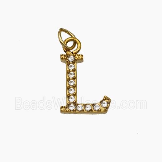 Stainless Steel Letter-L Pendant Pave Rhinestone Gold Plated
