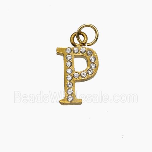 Stainless Steel Letter-P Pendant Pave Rhinestone Gold Plated