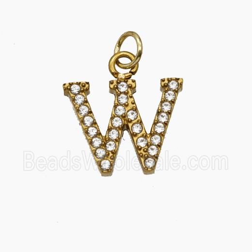 Stainless Steel Letter-W Pendant Pave Rhinestone Gold Plated