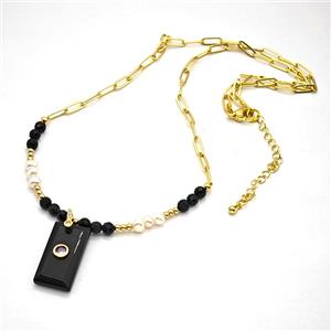 Black Onyx Agate Pendant Copper Chain Necklaces, approx 13-25mm, 5mm, 50-55cm length [BR11368]