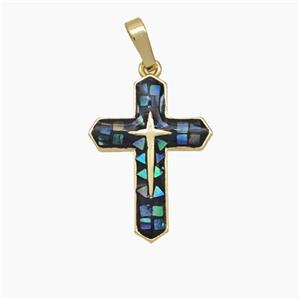 Copper Cross Pendant Pave Abalone Shell 18K Gold Plated, approx 16-22mm [FD19222]