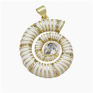 Nautilus Charms Copper Conch Shell Pendant Pave Zirconia White Enamel Gold Plated, approx 24-28mm [FD19236]