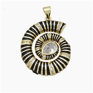 Nautilus Charms Copper Conch Shell Pendant Pave Zirconia Black Enamel Gold Plated, approx 24-28mm [FD19237]
