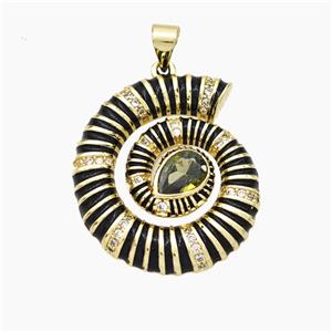 Nautilus Charms Copper Conch Shell Pendant Pave Zirconia Black Enamel Gold Plated, approx 24-28mm [FD19238]