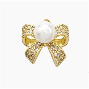 Copper Knotbow Pendant Pave Zirconia White Pearlized Resin Gold Plated, approx 8mm, 15-17mm [FD19239]