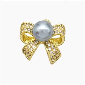 Copper Knotbow Pendant Pave Zirconia Gray Pearlized Resin Gold Plated, approx 8mm, 15-17mm [FD19240]