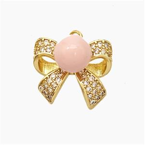 Copper Knotbow Pendant Pave Zirconia Pink Pearlized Resin Gold Plated, approx 8mm, 15-17mm [FD19241]