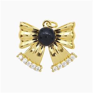 Copper Knotbow Pendant Pave Zirconia Black Pearlized Resin Gold Plated, approx 8mm, 20-25mm [FD19245]
