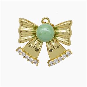 Copper Knotbow Pendant Pave Zirconia Green Pearlized Resin Gold Plated, approx 8mm, 20-25mm [FD19247]