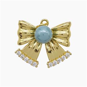 Copper Knotbow Pendant Pave Zirconia Grayblue Pearlized Resin Gold Plated, approx 8mm, 20-25mm [FD19248]