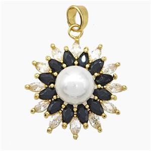 Copper Flower Pendant Pave Zirconia White Pearlized Resin Gold Plated, approx 10mm, 28mm dia [FD19251]