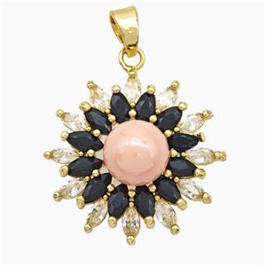 Copper Flower Pendant Pave Zirconia Pink Pearlized Resin Gold Plated, approx 10mm, 28mm dia [FD19252]