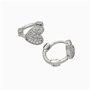 Copper Hoop Earrings Micropave Zirconia Heart Platinum Plated, approx 8mm, 10mm dia [FD19326]