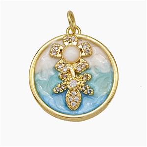 Copper Flower Pendant Pave Zirconia Circle Painted Gold Plated, approx 20mm [FD19411]