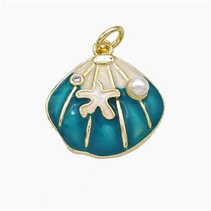 Copper Scallop Shell Pendant Pave Pearlized Resin Teal Painted Gold Plated, approx 15-17mm [FD19413]