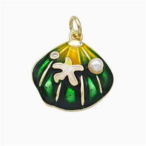 Copper Scallop Shell Pendant Pave Pearlized Resin Green Painted Gold Plated, approx 15-17mm [FD19415]