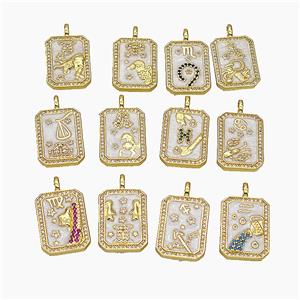 Copper Tarot Card Pendant Pave Zirconia Zodiac Painted Gold Plated Mixed, approx 14-20mm [FD19429]