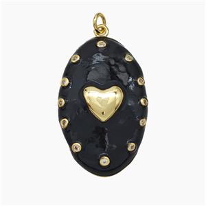 Copper Oval Pendant Black Enamel Heart Gold Plated, approx 21-34mm [FD19433]