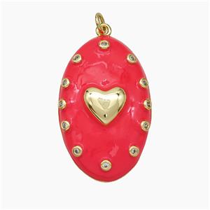 Copper Oval Pendant Red Enamel Heart Gold Plated, approx 21-34mm [FD19435]