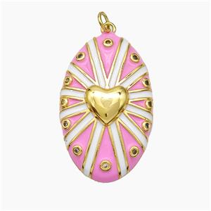 Copper Oval Pendant Pink Enamel Heart Gold Plated, approx 21-34mm [FD19443]