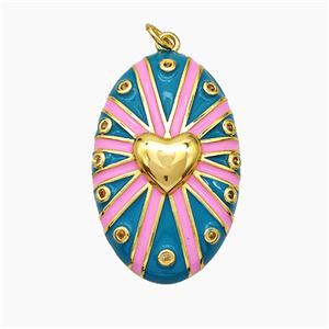 Copper Oval Pendant Teal Enamel Heart Gold Plated, approx 21-34mm [FD19444]
