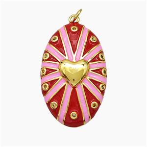 Copper Oval Pendant Pink Red Enamel Heart Gold Plated, approx 21-34mm [FD19446]