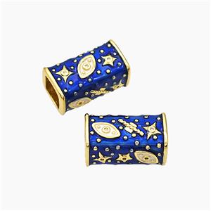 Copper Cuboid Beads Blue Enamel Star Eye Large Hole Gold Plated, approx 10-20mm, 7mm hole [FD19460]