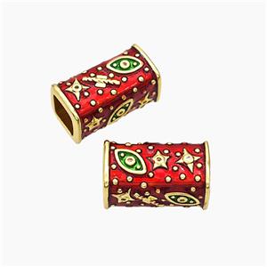 Copper Cuboid Beads Red Enamel Star Eye Large Hole Gold Plated, approx 10-20mm, 7mm hole [FD19461]