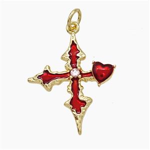Copper Heart Cross Pendant Pave Zirconia Red Painted Gold Plated, approx 20-23mm [FD19516]