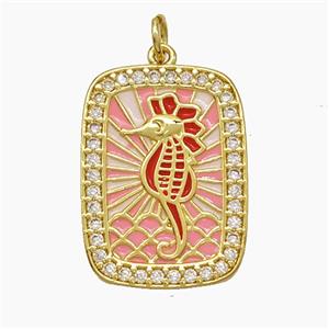 Copper Tarot Card Pendant Pave Zirconia Seahorse Red Enamel Gold Plated, approx 18-24mm [FD19520]