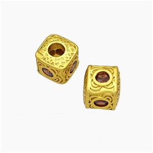 Copper Cube Beads Pave Crystal Glass Large Hole Gold Plated, approx 8x8mm, 2mm hole [FD19563]