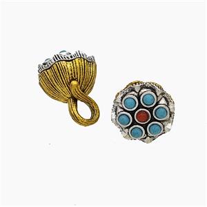Tibetan Style Alloy Lotus Pendant Pave Dye Turquoise Antique Silver Golden, approx 12-15mm [FD19620]
