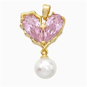 Copper Heart Pendant Pave Zirconia Pearlized Resin Gold Plated, approx 8mm, 15-17mm [FD19702]