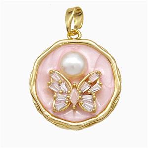 Copper Butterfly Pendant Pave Zirconia Pearlized Resin Pink Painted Gold Plated, approx 20mm [FD19715]