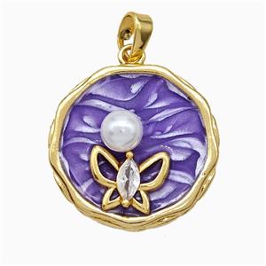 Copper Butterfly Pendant Pave Zirconia Pearlized Resin Purple Painted Gold Plated, approx 20mm [FD19716]