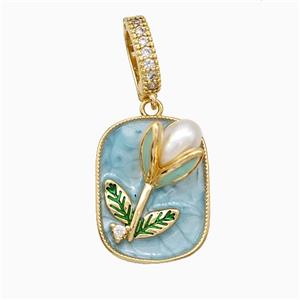 Copper Flower Pendant Pave Pearlized Resin Blue Painted Gold Plated, approx 16-20mm, 8-12mm [FD19718]