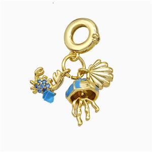 Copper Crab Jellyfish Scallop Shell Pendant Blue Painted Gold Plated, approx 8-10mm, 9mm dia [FD19720]