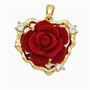 Copper Heart Pendant Pave Zirconia Resin Flower Gold Plated, approx 20mm [FD19728]