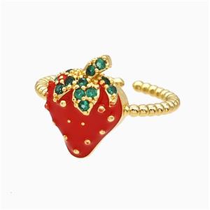 Copper Strawberry Rings Pave Zirconia Red Enamel Gold Plated, approx 11-15mm, 18mm dia [FD19733]