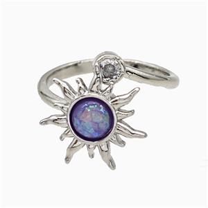 Copper Sunflower Rings Pave Zirconia Fire Opal Rotatable Platinum Plated, approx 16mm, 18mm dia [FD19734]