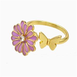 Copper Flower Butterfly Rings Pave Zirconia Pink Enamel Gold Plated, approx 8-10mm, 15mm, 18mm dia [FD19737]