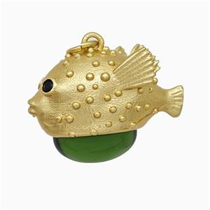 Copper Fish Pendant With Green Catseye Gold Plated, approx 16-22mm [FD19781]