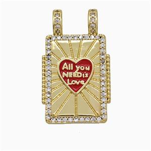 Copper Tarot Card Pendant Micropave Zirconia Red Enamel Heart 2loops Rectangle Gold Plated, approx 17-26mm [FD19789]
