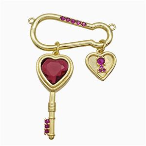Copper Key Heart Pendant Pave Zirconia 2loops Gold Plated, approx 11mm, 13-30mm, 10-30mm [FD19802]